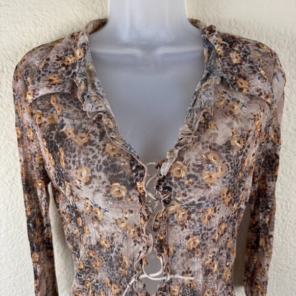Vintage Y2K Forever 21 Lace-Up Front Sheer Blouse Boho Floral SZ Medium RARE - Picture 2 of 8